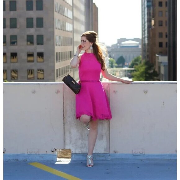 BNWT TED BAKER London Zaffron Embroidered Fit & Flare Dress Barbie Pink - Picture 3 of 15